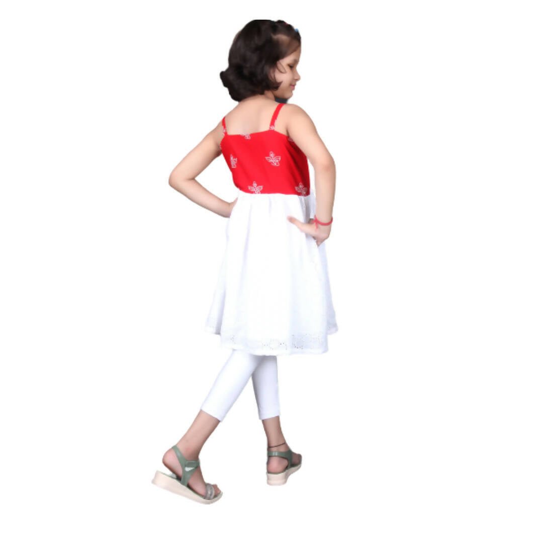 Akarshan Pure Cotton Frock Style Kurti with Leggings Set - Red & White - Distacart