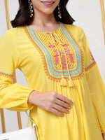 Thumbnail for Vishudh Yellow Floral Embroidered Tie-Up Neck Long Sleeves Thread Work A-Line Kurta - Distacart