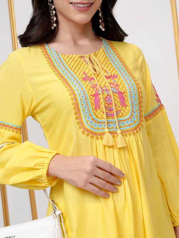 Vishudh Yellow Floral Embroidered Tie-Up Neck Long Sleeves Thread Work A-Line Kurta - Distacart