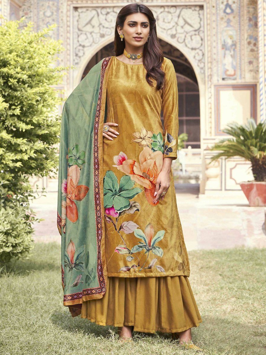 Aastha Fashion Women's Mustard Velvet Floral Digital Printed Kurta with Trouser & Dupatta - Distacart