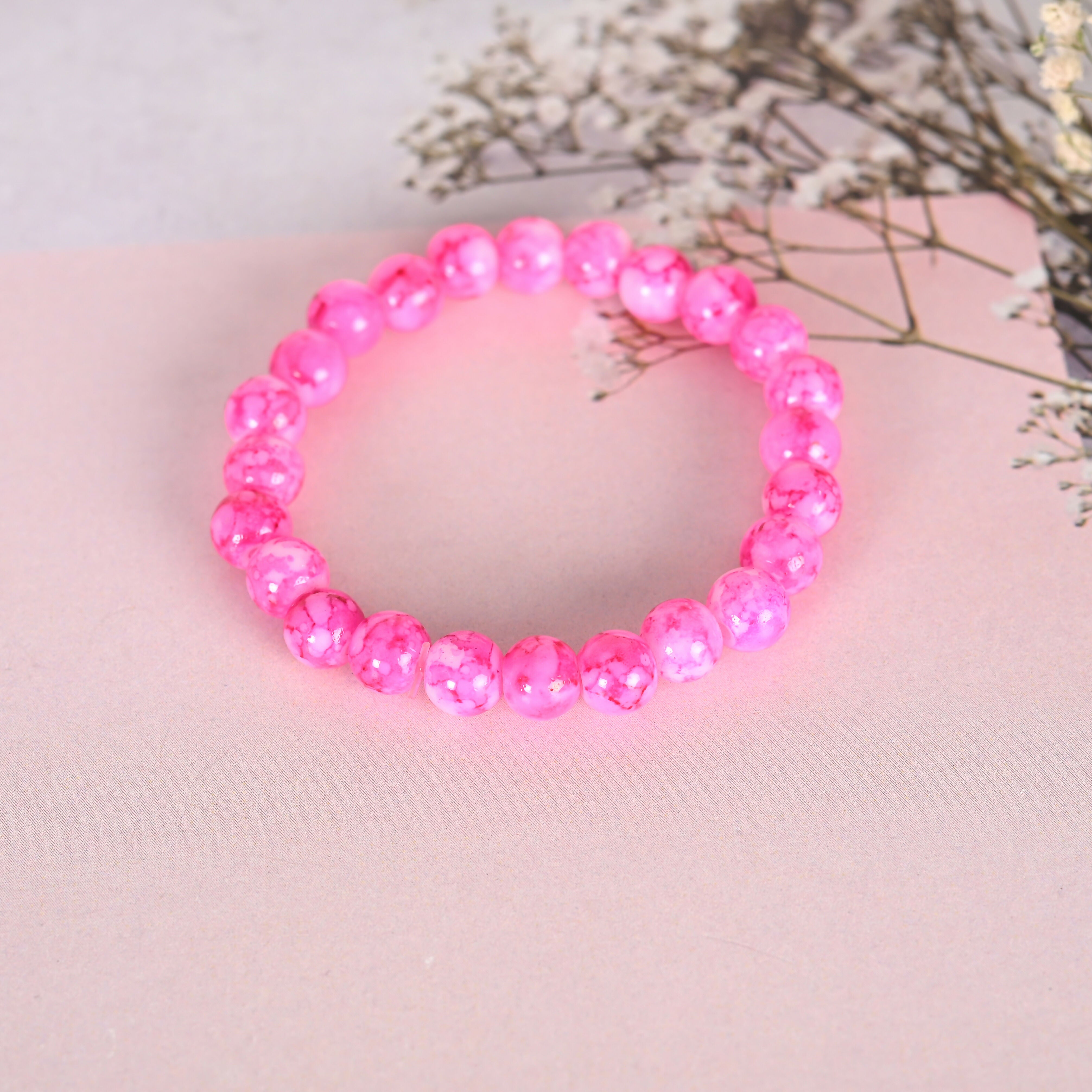 NVR Men & Women Pink Marble Crystal Beaded Elasticated Bracelet - Distacart