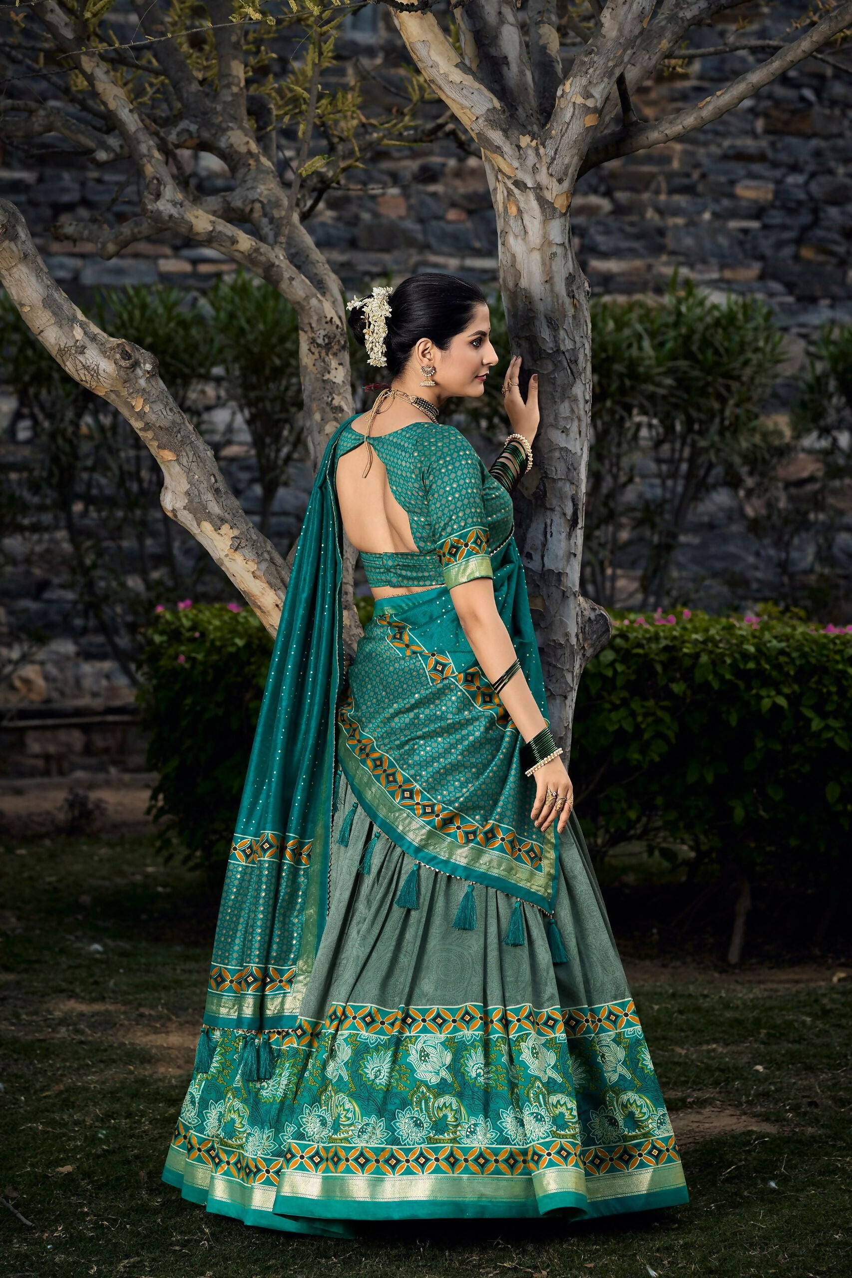 Vastranavya Floral Print With Foil Print Tussar Silk Lehenga With Unstitched Blouse - Sea Green - Distacart