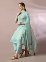 Thumbnail for Myshka Women's Sea Green Solid Straight Party Kurta Set With Dupatta - Distacart