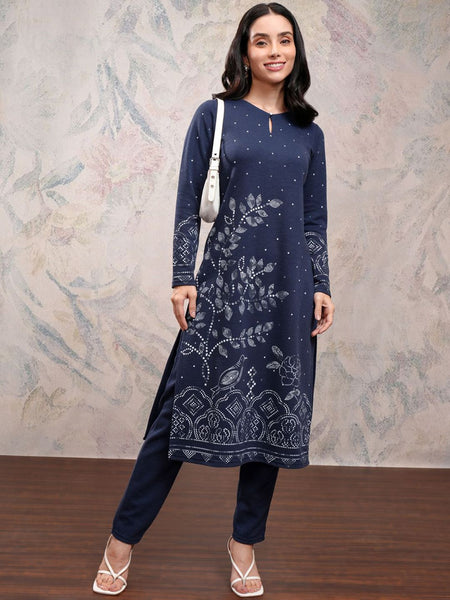 Vishudh Floral Printed Keyhole Neck Long Sleeves Straight Kurta with Trousers - Distacart