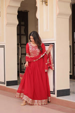 Thumbnail for Teeya Creation Red Color Faux Georgette Embroidery Work Wedding Wear Long Gown