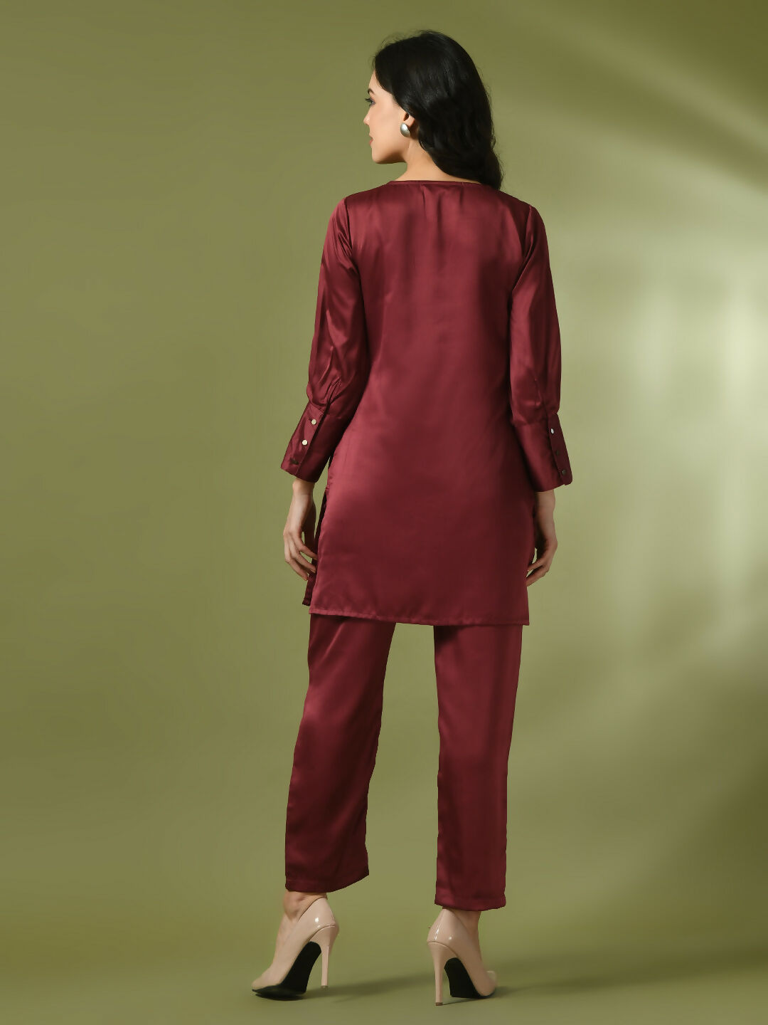 Myshka Women's Maroon Solid Satin V-Neck Party Tunic With Trousers Co-ord set - Distacart