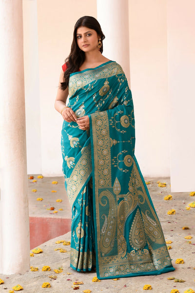 Joban Fashion Teal Green Banarasi Soft Pure Handloom Banarasi Silk Saree