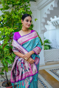 Thumbnail for Aastha Fashion Teal Woven Kanjivaram Silk Saree with Blouse - Distacart