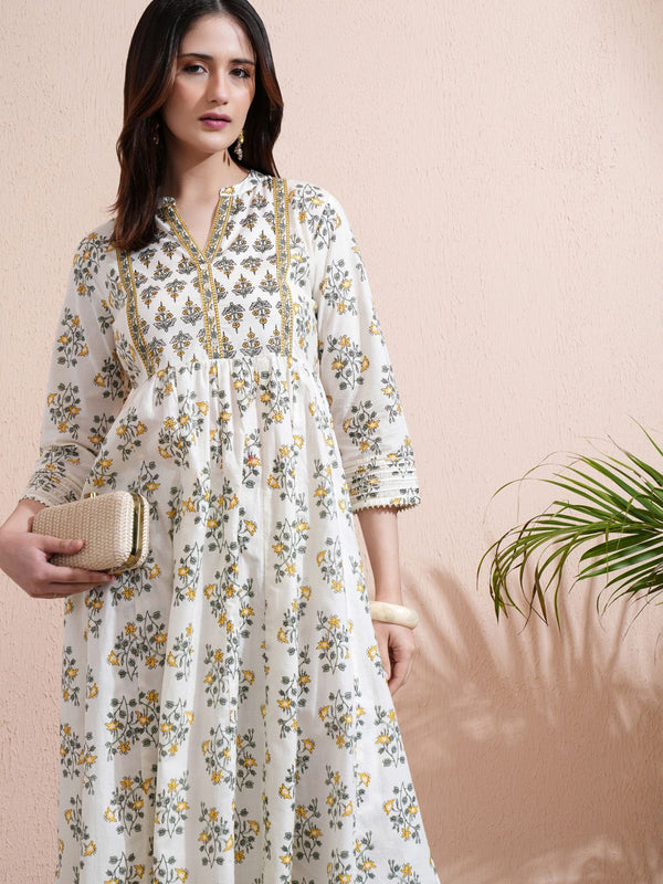 Vishudh Floral Printed Empire Pure Cotton Kurta With Trousers - Distacart
