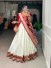 Thumbnail for Vastranavya Perfect Classic And Contemporary Fashion Paithani Lehenga Choli - White
