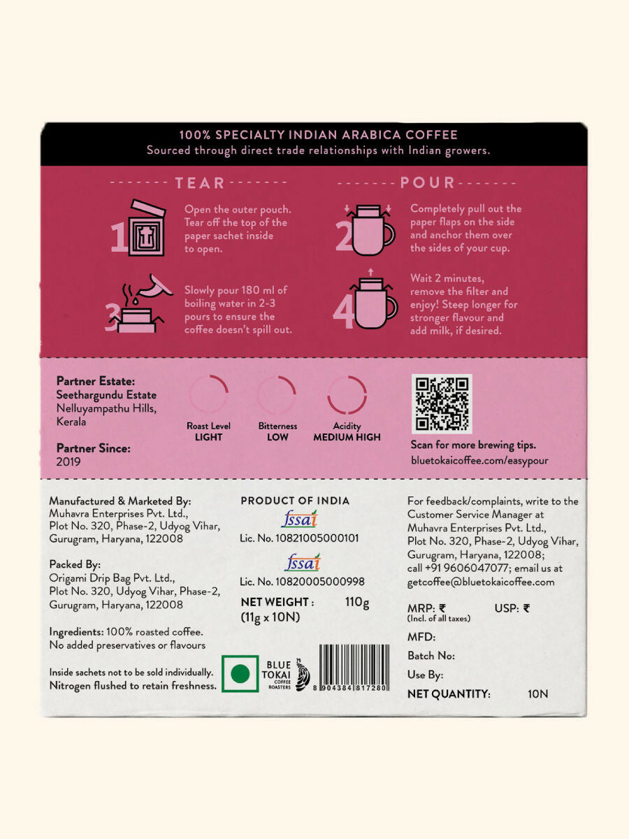 Blue Tokai Seethargundu Estate Light Roast Easy Pour Sachets - Distacart