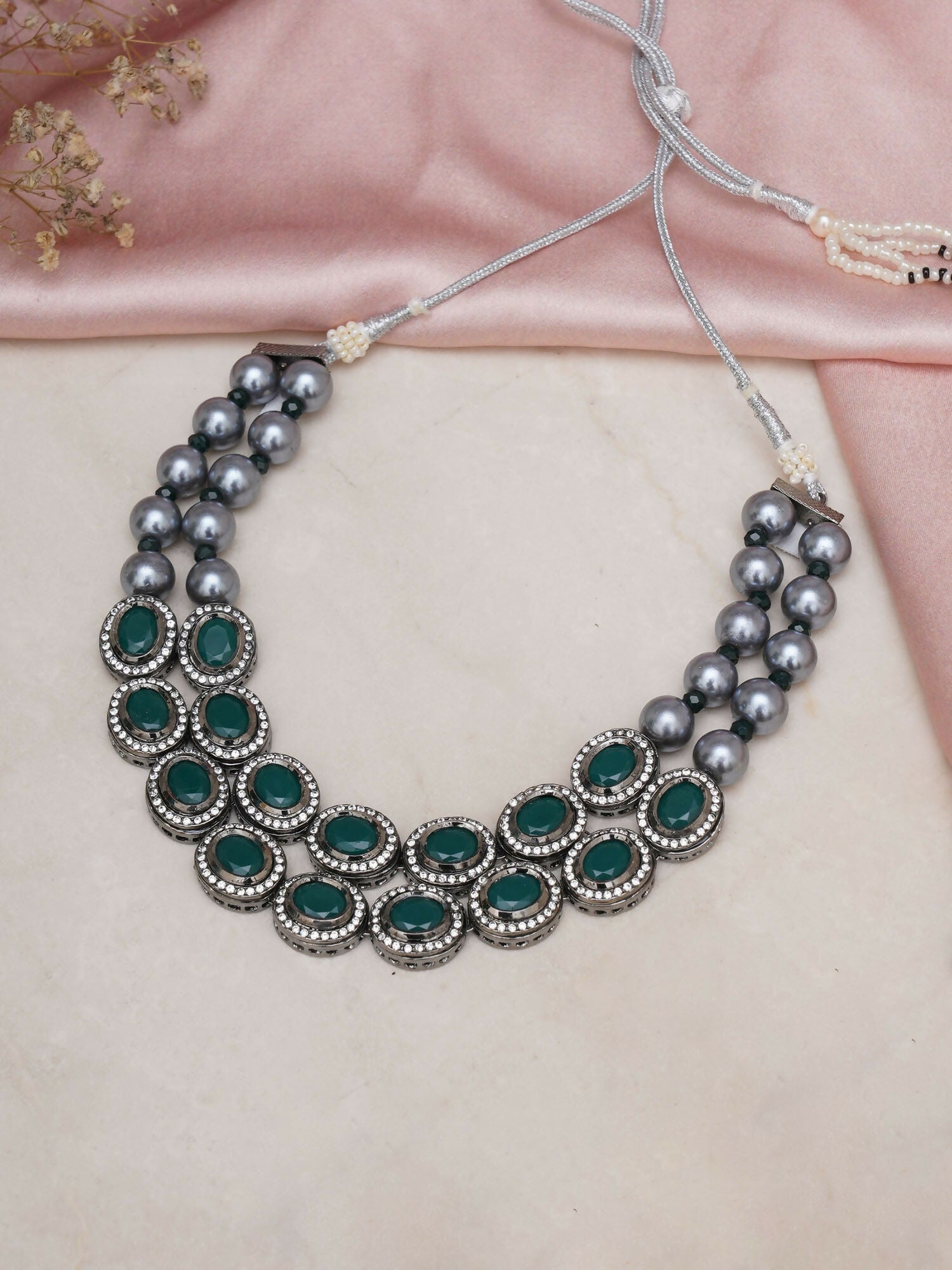 Green Stone Kundan Neckpiece with Grey Stones (Grey) - Ruby Raang - Distacart