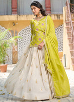 Thumbnail for Vegaa Fashion Light Green Chinon Silk Embroidered Lehenga Style Suit - Distacart