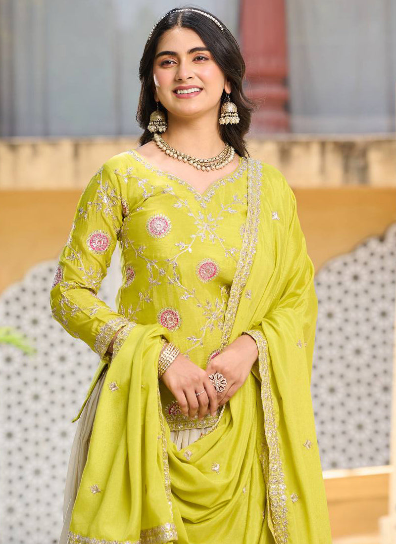Vegaa Fashion Light Green Chinon Silk Embroidered Lehenga Style Suit - Distacart