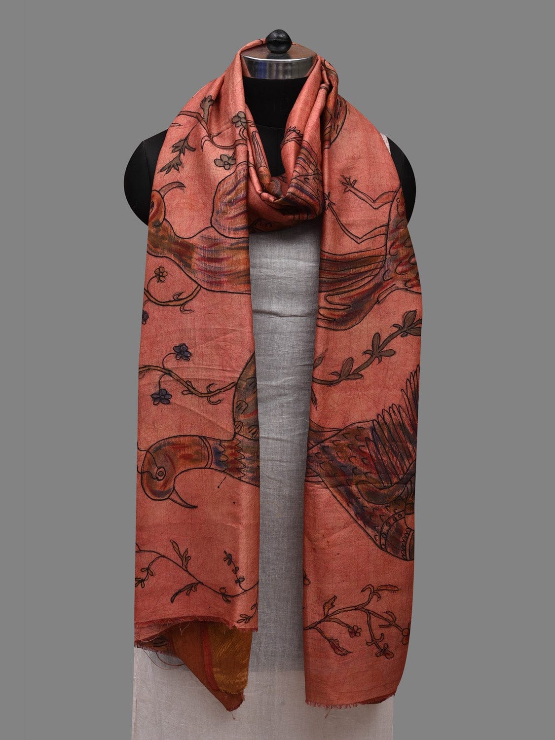 Peach Kalamkari Hand Painted Kanchipuram Silk Handloom Dupatta with Birds Design - Global Threads - Distacart