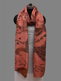 Thumbnail for Peach Kalamkari Hand Painted Kanchipuram Silk Handloom Dupatta with Birds Design - Global Threads - Distacart