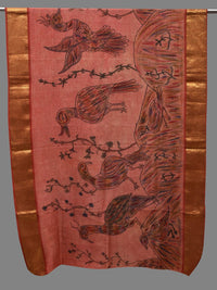 Thumbnail for Peach Kalamkari Hand Painted Kanchipuram Silk Handloom Dupatta with Birds Design - Global Threads - Distacart
