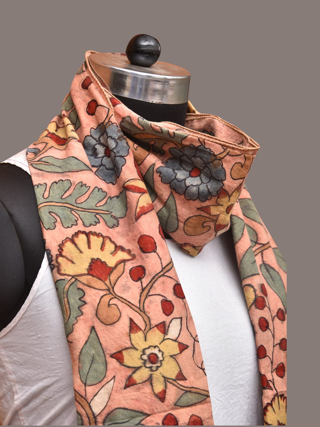 Peach Kalamkari Hand Painted Sico Stole with Floral Design - Global Threads - Distacart