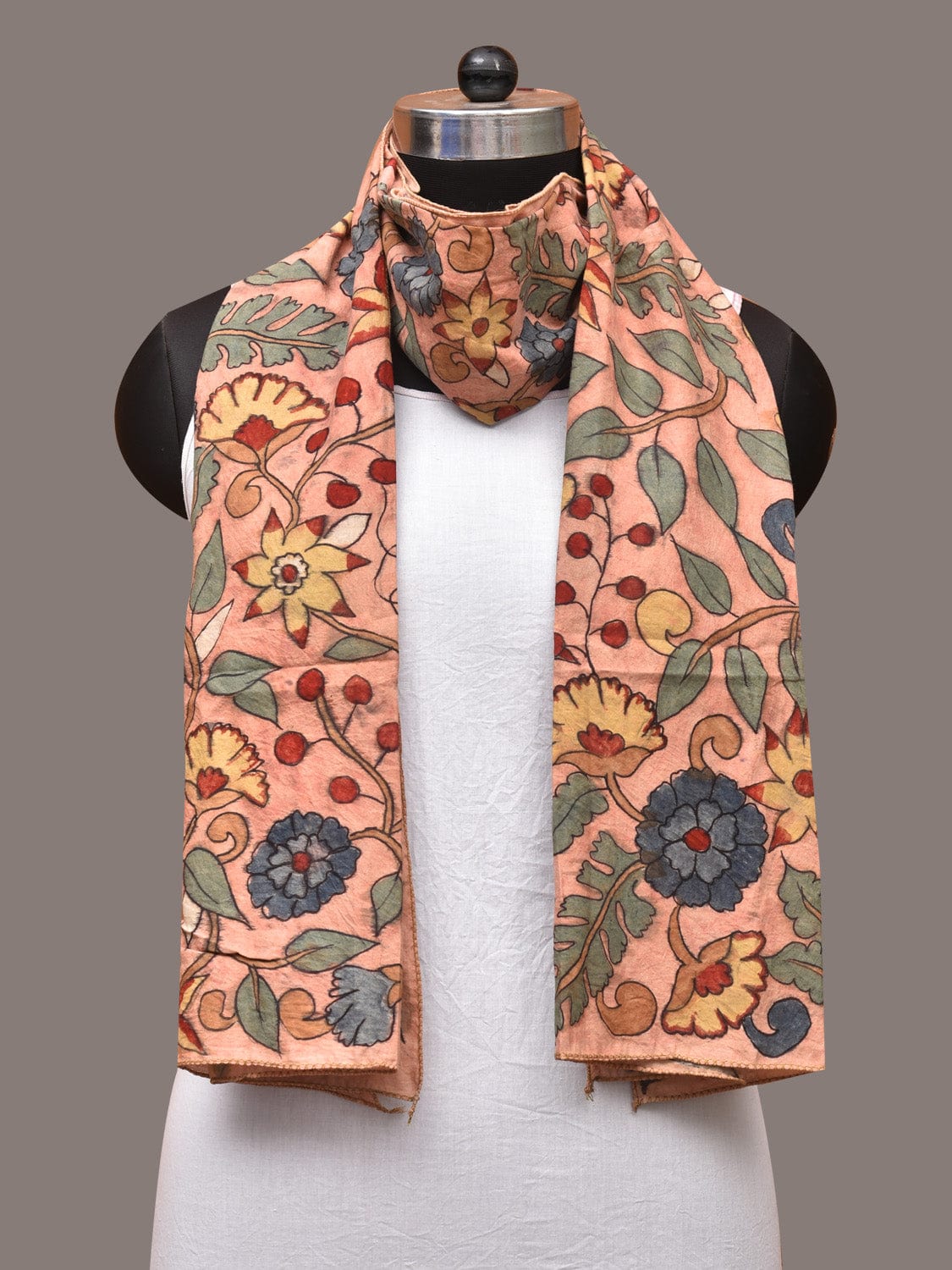 Peach Kalamkari Hand Painted Sico Stole with Floral Design - Global Threads - Distacart