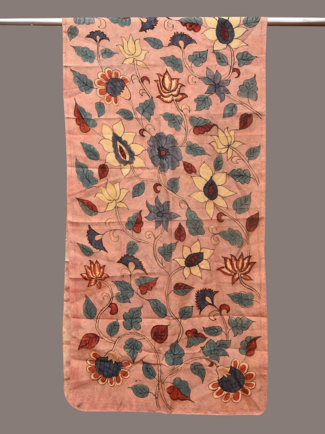 Peach Kalamkari Hand Painted Sico Stole with Floral Design - Global Threads - Distacart