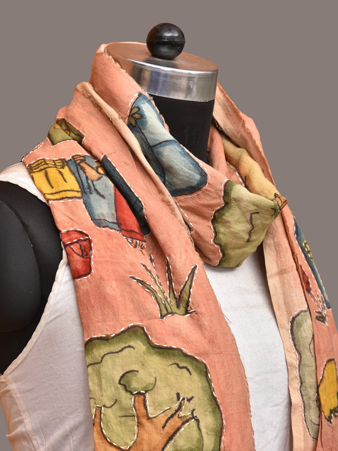Peach Kalamkari Hand Painted Sico Stole with Village Theme Design - Global Threads - Distacart