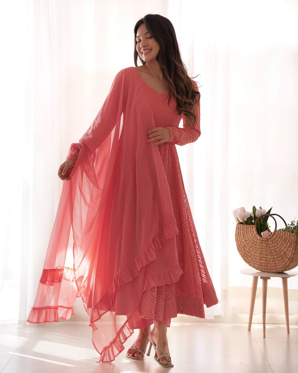 Evanik Peach Heavy Faux Georgette With Lucknowi Work Anarkali Suit