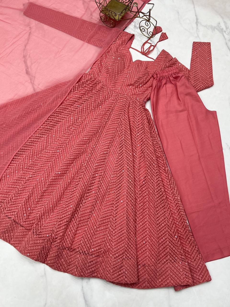 Evanik Peach Heavy Faux Georgette With Lucknowi Work Anarkali Suit