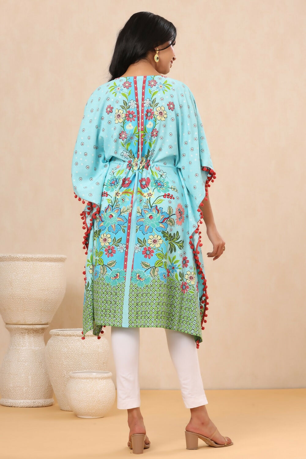 Juniper Sky Blue Floral Printed Calf-Length Rayon Kaftan. - Distacart