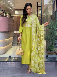 Thumbnail for Lyush Women Embroidered Viscose Kurti With Pant & Dupatta Set - Lemon