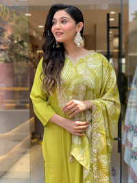 Thumbnail for Lyush Women Embroidered Viscose Kurti With Pant & Dupatta Set - Lemon