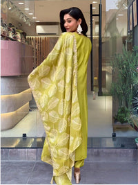 Thumbnail for Lyush Women Embroidered Viscose Kurti With Pant & Dupatta Set - Lemon