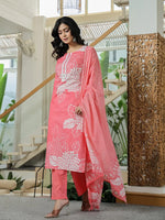 Thumbnail for Yufta Pink Cotton Straight Lace Wor Kurta Dupatta Set - Distacart