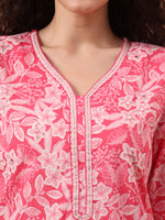 Thumbnail for Yufta Pink Ethnic Motifs Pure Cotton Straight Kurta Pant Set - Distacart