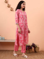 Thumbnail for Yufta Pink Ethnic Motifs Pure Cotton Straight Kurta Pant Set - Distacart