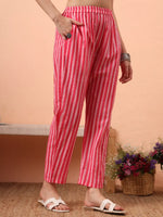 Thumbnail for Yufta Pink Ethnic Motifs Pure Cotton Straight Kurta Pant Set - Distacart