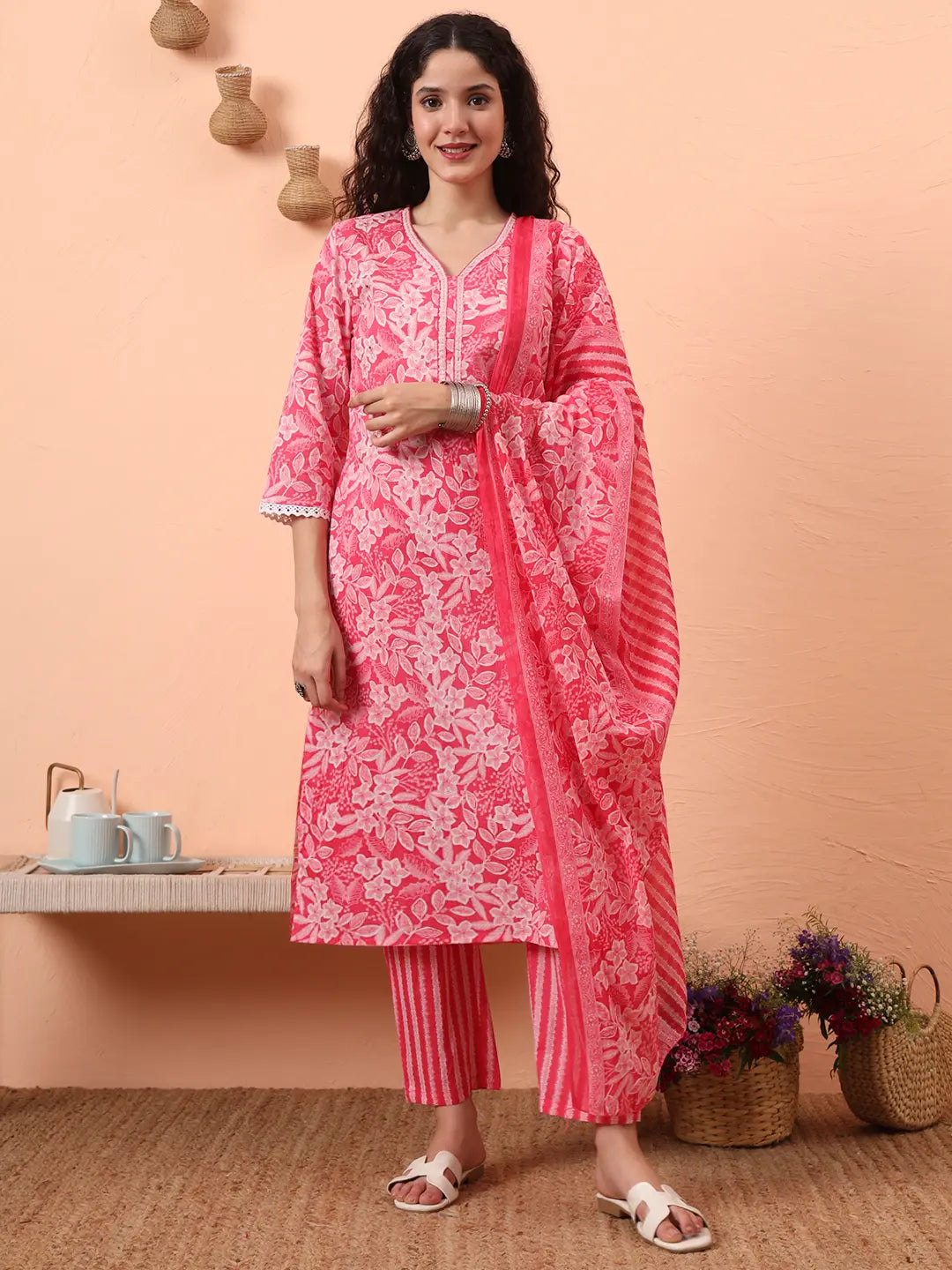 Yufta Pink Ethnic Motifs Pure Cotton Straight Kurta Pant Set - Distacart