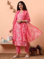 Thumbnail for Yufta Pink Ethnic Motifs Pure Cotton Straight Kurta Pant Set - Distacart