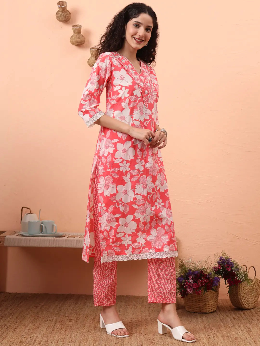 Yufta Pink Pure Cotton Ethnic Motifs Straight Kurta Pant Set - Distacart
