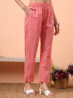 Thumbnail for Yufta Pink Pure Cotton Ethnic Motifs Straight Kurta Pant Set - Distacart