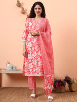 Thumbnail for Yufta Pink Pure Cotton Ethnic Motifs Straight Kurta Pant Set - Distacart