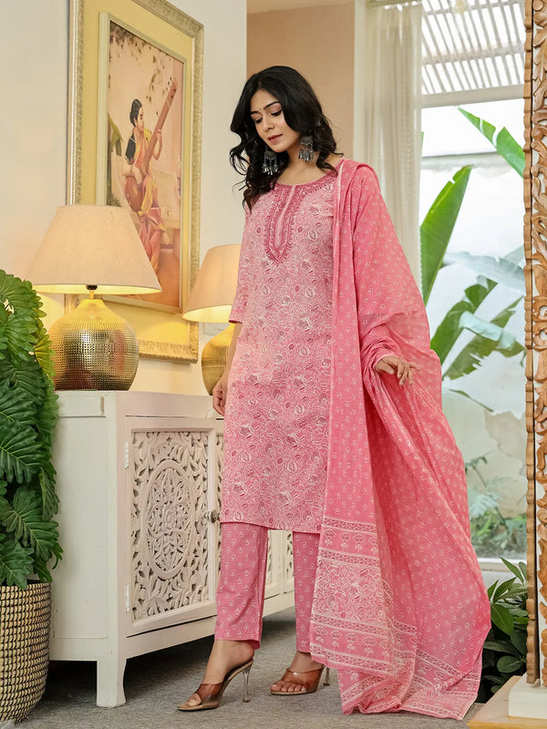 Yufta Pink Pure Cotton Thread Work Sequins Work Kurta Dupatta Pant Set - Distacart