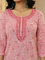 Thumbnail for Yufta Pink Pure Cotton Thread Work Sequins Work Kurta Dupatta Pant Set - Distacart