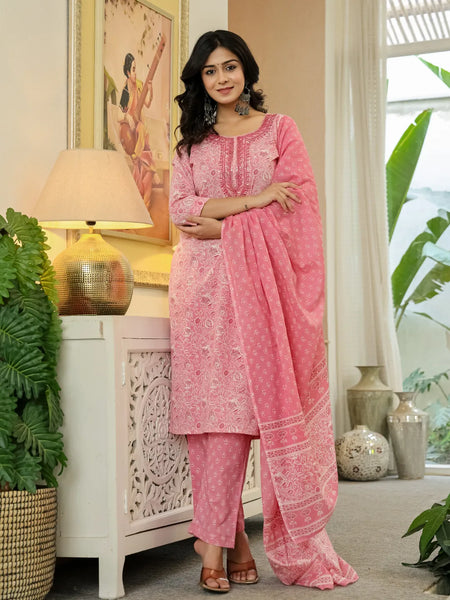 Yufta Pink Pure Cotton Thread Work Sequins Work Kurta Dupatta Pant Set - Distacart