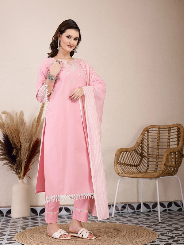 Yufta Pink Solid Thread Work Straight Kurta Trouser Dupatta Set - Distacart