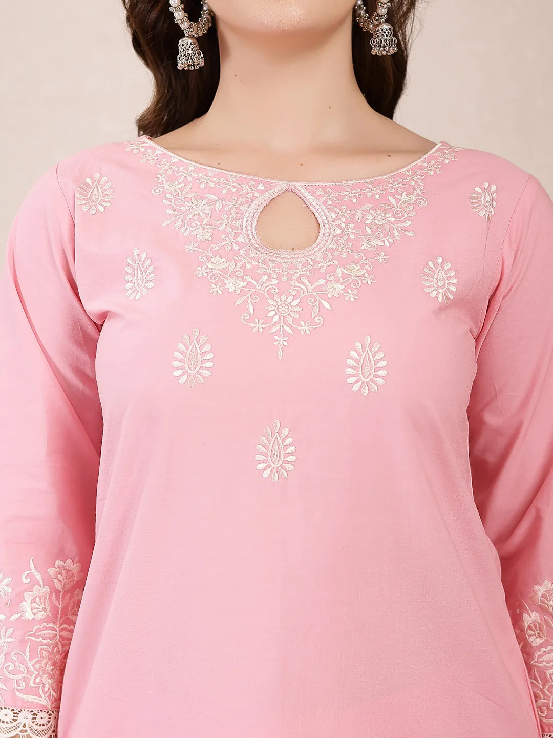 Yufta Pink Solid Thread Work Straight Kurta Trouser Dupatta Set - Distacart