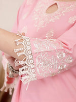 Thumbnail for Yufta Pink Solid Thread Work Straight Kurta Trouser Dupatta Set - Distacart