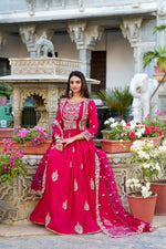 Thumbnail for Evanik Pink Vichitra Silk Sequins and Thread Embroidery Work Gown Dupatta