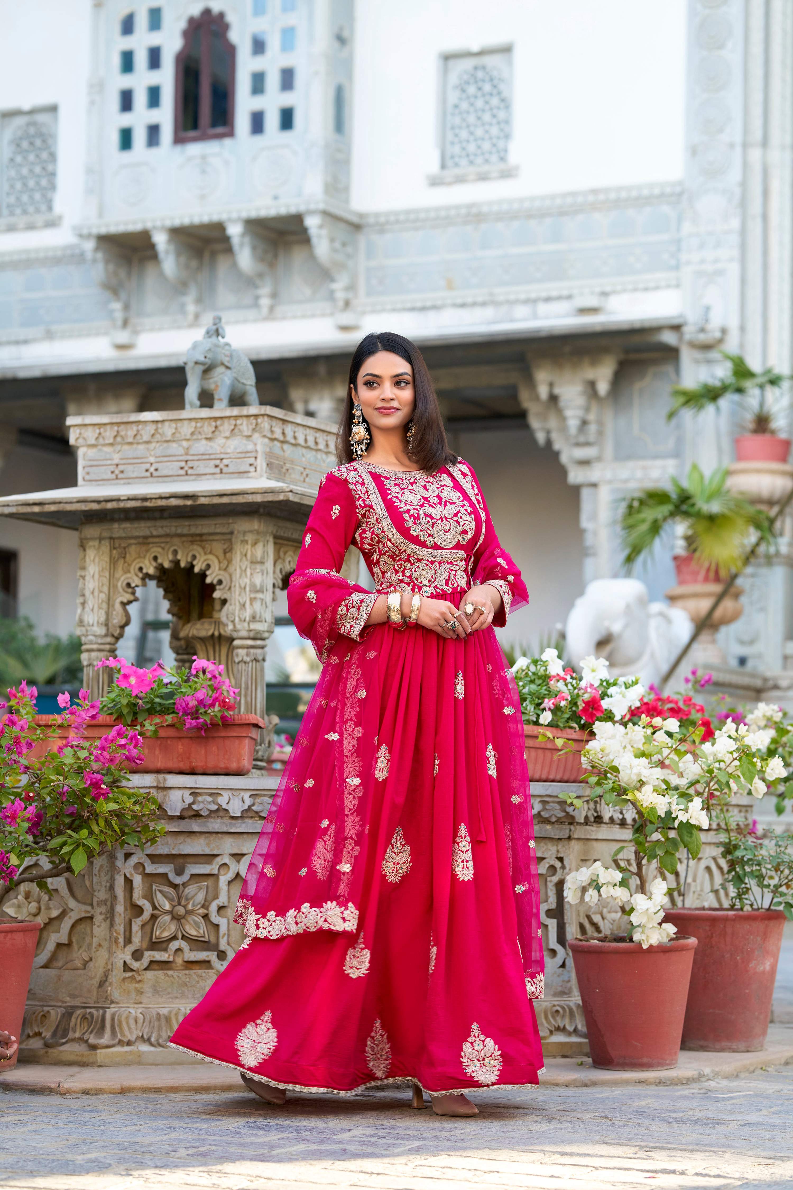 Evanik Pink Vichitra Silk Sequins and Thread Embroidery Work Gown Dupatta