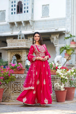 Thumbnail for Evanik Pink Vichitra Silk Sequins and Thread Embroidery Work Gown Dupatta