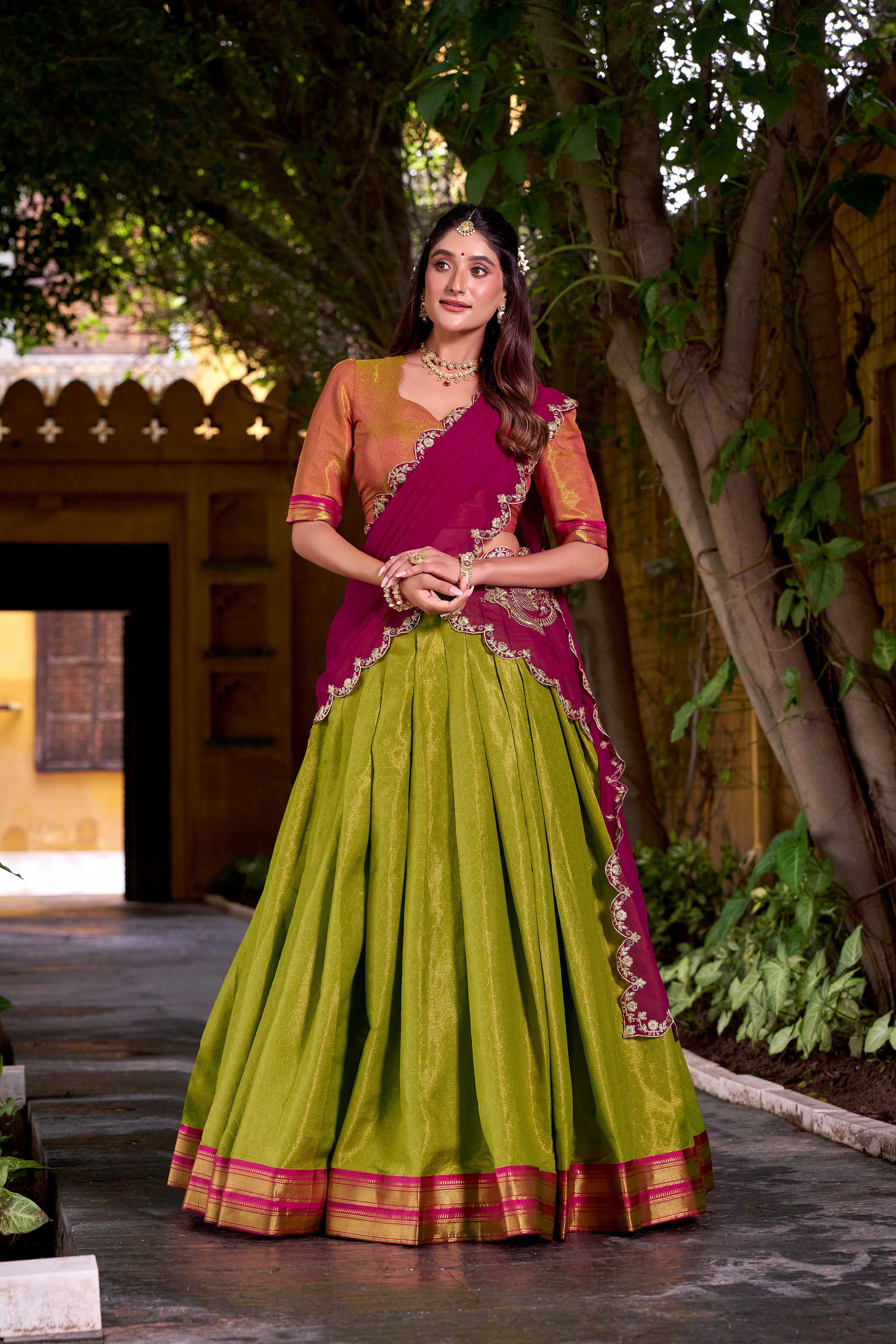 Evanik Pista South-style Kanchipuram silk lehenga With Unstitched Blouse & Dupatta